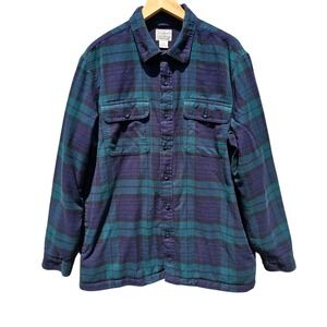 L.L. Bean Mens Fleece Lined Flannel Shirt Traditional Fit Blue Green Plaid Large